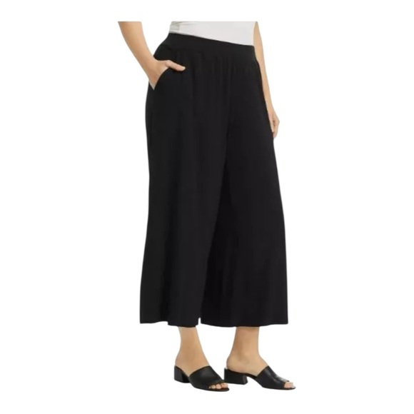 Eileen Fisher Cropped Wide Leg in Black Stretch Jersey - Picture 1 of 8